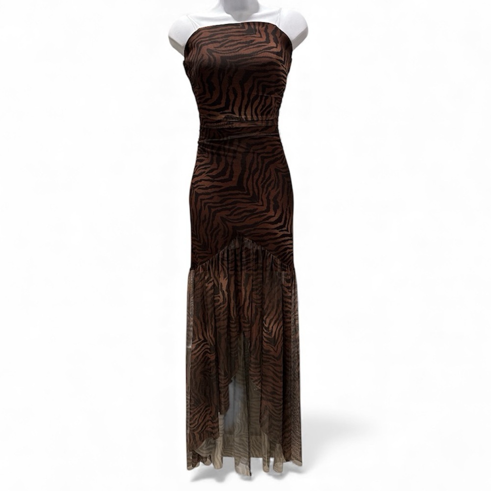 NWOT Katia Rea-  Ruched Waist Brown & Black Zebra Print Maxi Dress